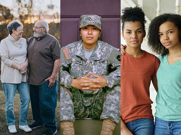 Collage of photos depicting older couple, veteran and young friends